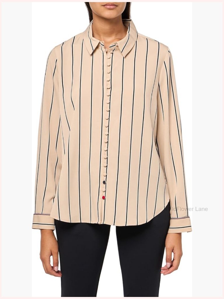 Button Up Long Sleeve Collared Shirt Striped Polyester Blend